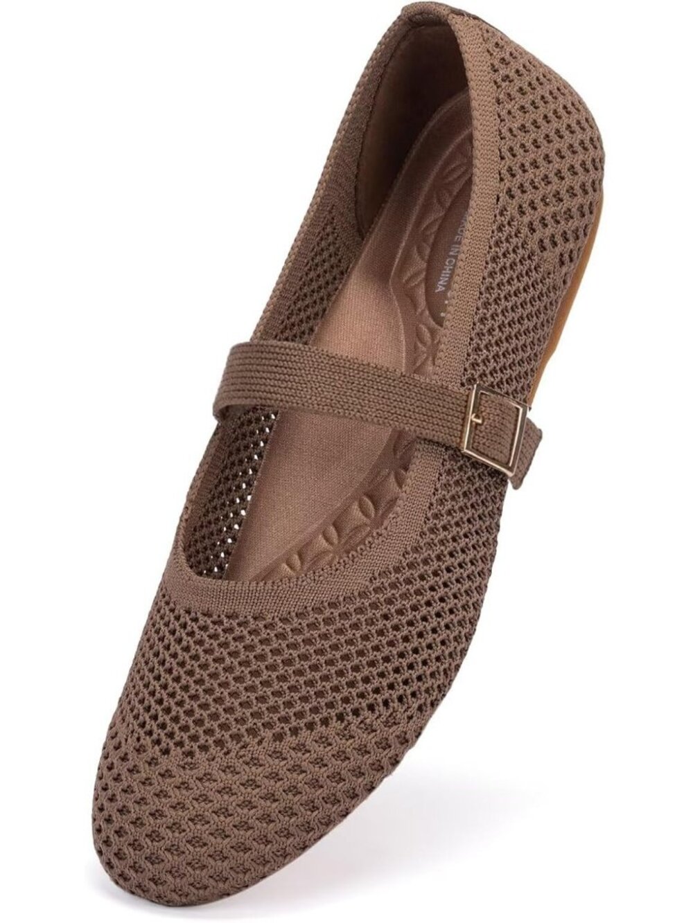 Frank Mully Womens Coffee Mesh Rubber Knitted Buckle Round Toe Comfortable Shoes